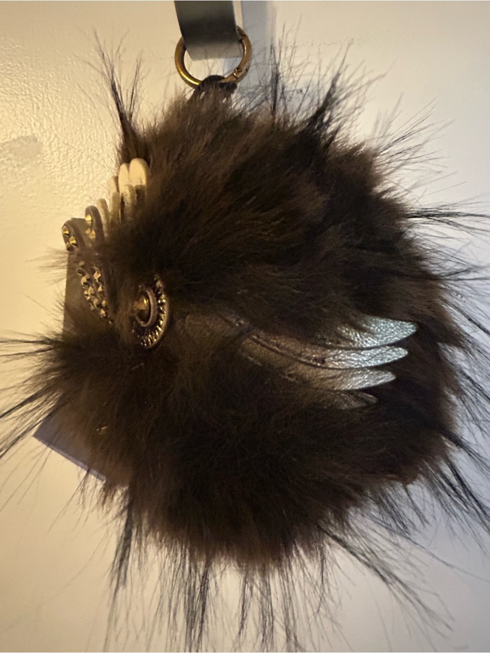 Kurt Geiger Brown Furry Pom-Pom Keychain with Gold-Tone Crystal Accents - Picture 2 of 12